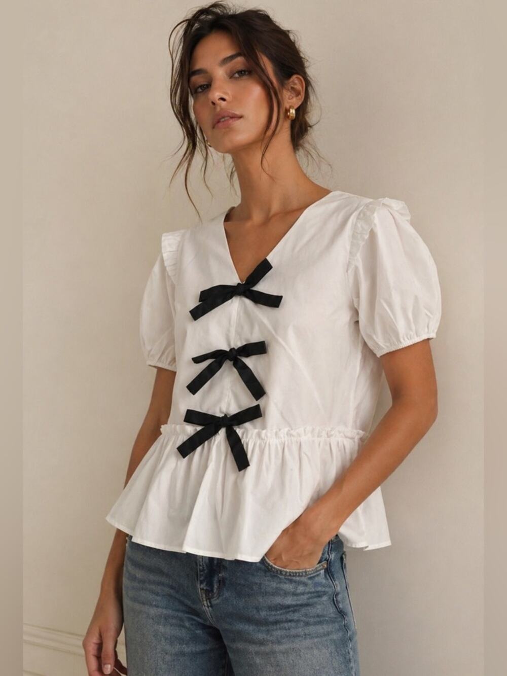 NWT JODIFL White Cotton Peplum Blouse with Black Bow Accents
